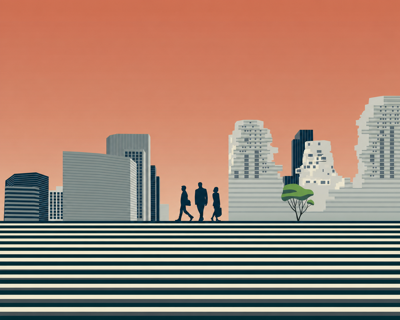 Stylized city skyline with office buildings, residential towers and people walking across wide steps.
