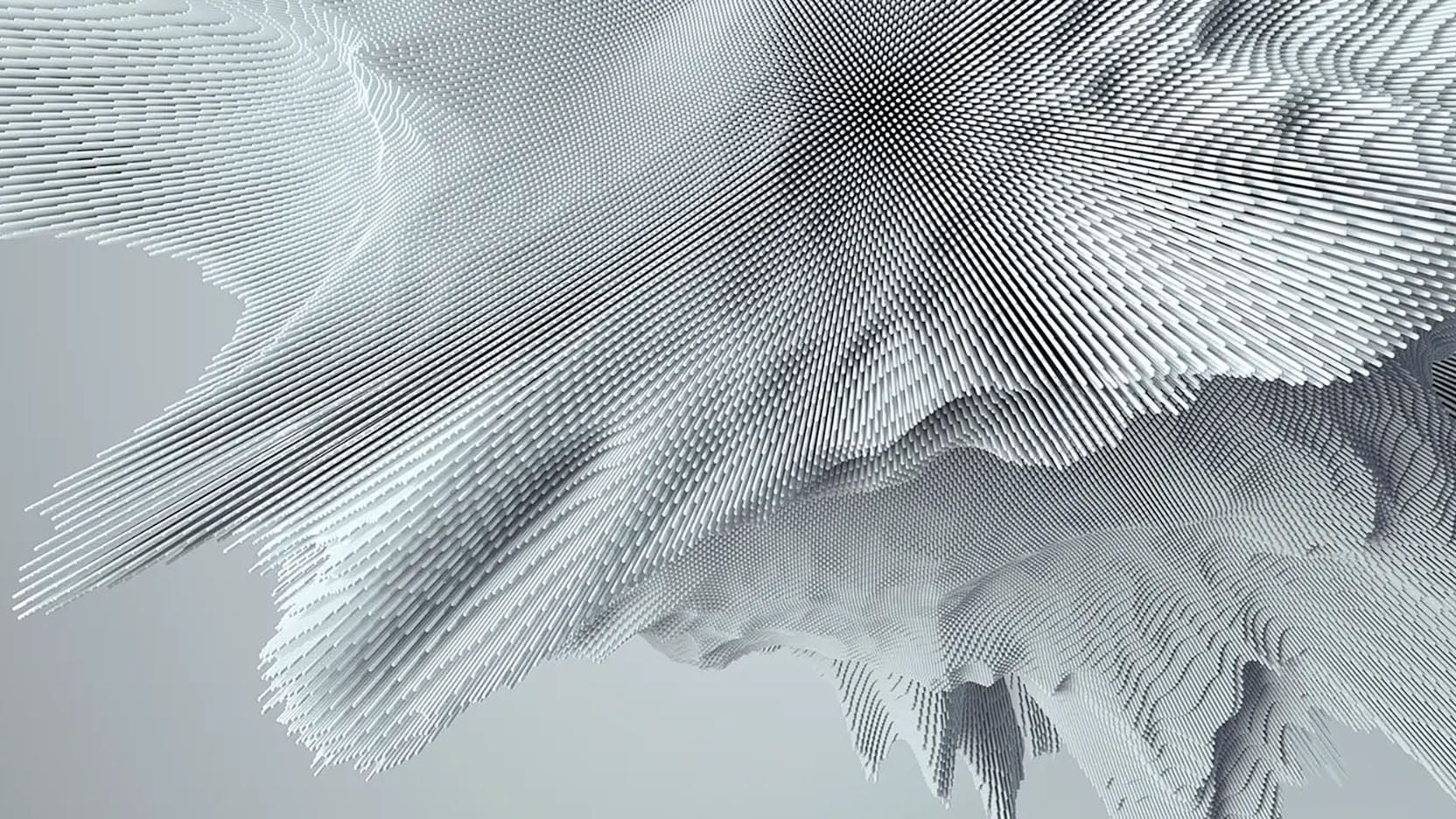 Abstract 3D digital wave pattern made of white linear elements on a gray background