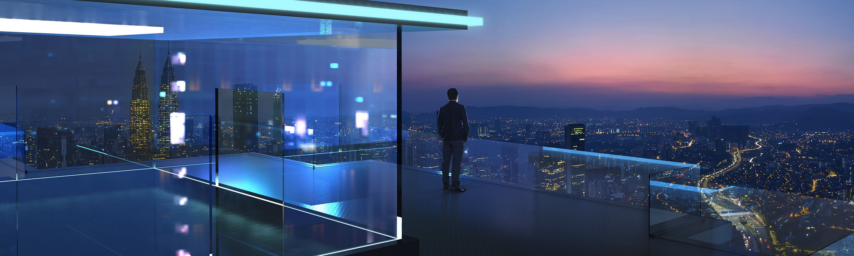 Business professional standing on a modern rooftop terrace overlooking a vibrant city skyline at sunset