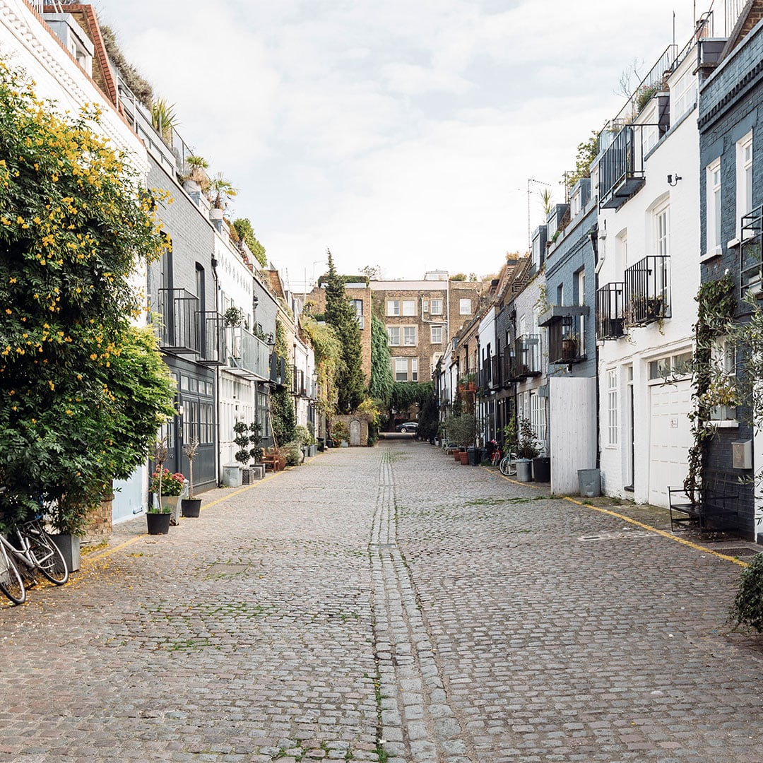 Quiet cobblestone mews lined with residential townhouses and greenery in a European urban neighborhood