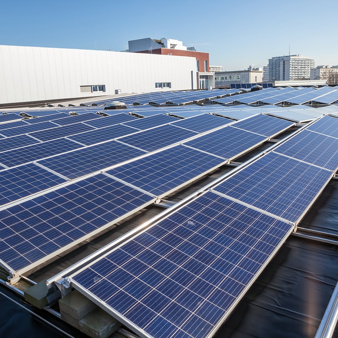 Rooftop solar panel array on a commercial building representing sustainable real assets