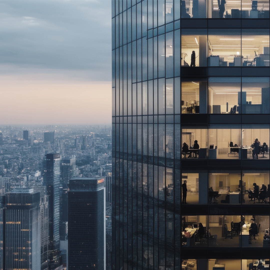 Modern glass skyscraper with illuminated office floors overlooking a dense city skyline at dusk.