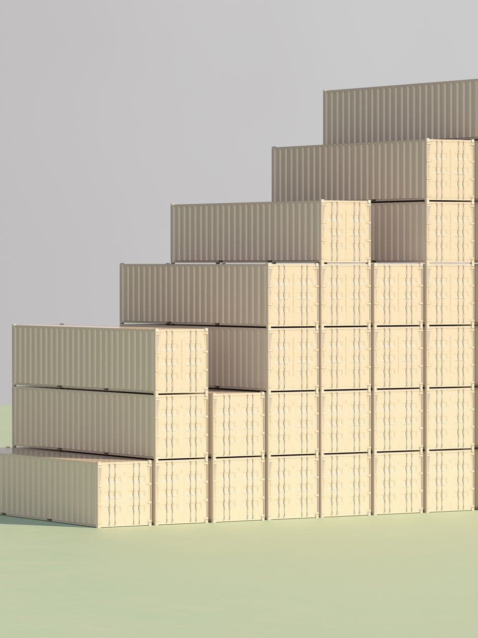 Stacked beige shipping containers arranged in a stepped pyramid formation.