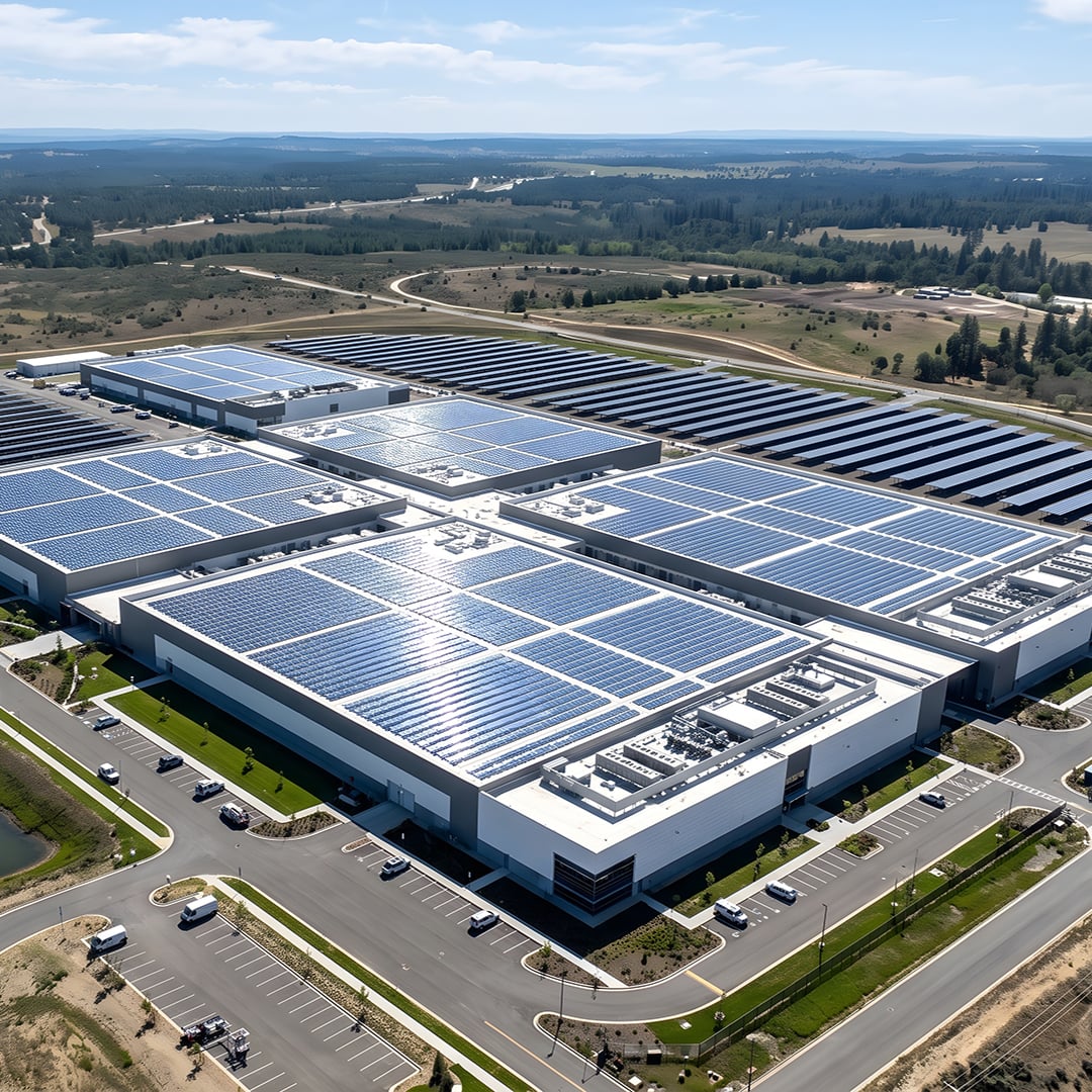Aerial view of a large solar-powered data center campus with rooftop and ground-mounted photovoltaic arrays and an on-site electrical substation, representing the diversified digital and renewable energy infrastructure sites backing Accelerate Infrastructure Opportunities' $450 million asset-backed securitization supported by CBRE Investment Management.