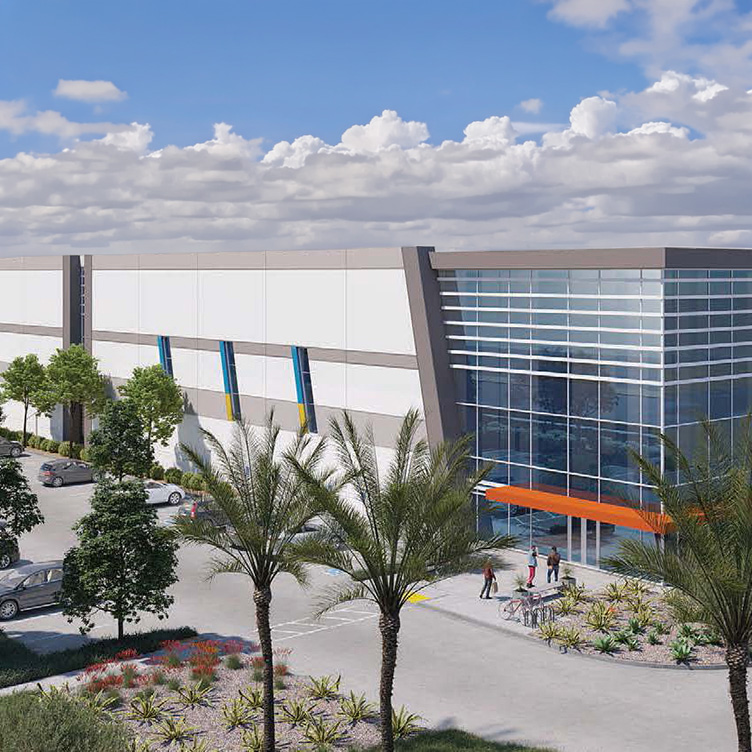 Architectural rendering of Speedway Commerce Center Building 2, a 528,253 SF Class A industrial warehouse with glass entrance facade and palm tree-lined parking in Fontana, California