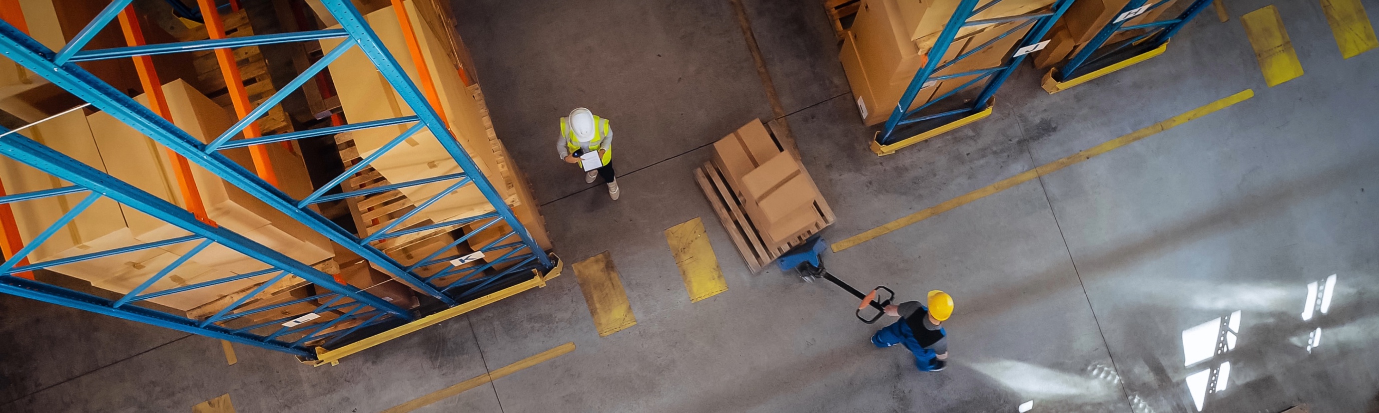 Overhead of an interior of a warehouse