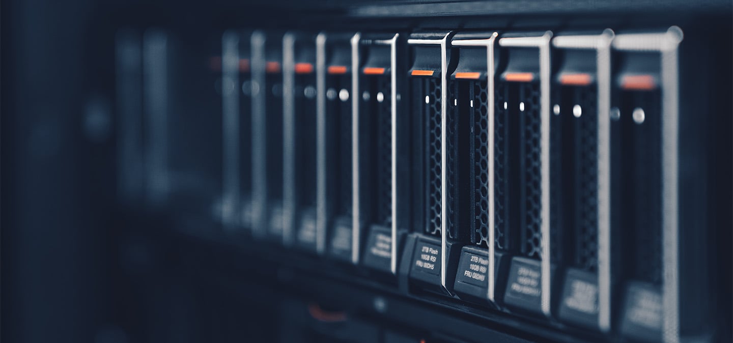 Row of server units installed in a data center rack, representing enterprise network infrastructure
