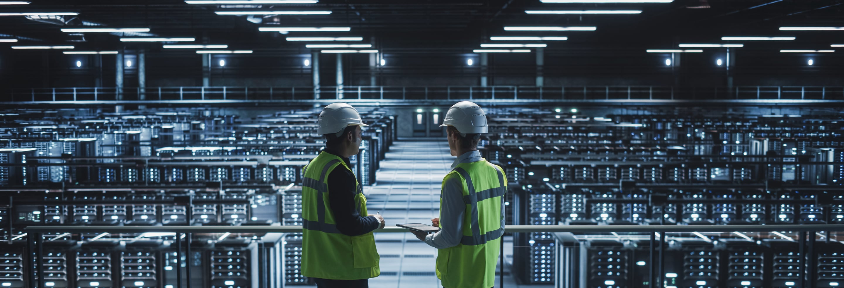 Two workers wearing safety vests and hard hats review equipment inside a large data center with rows of server racks.
