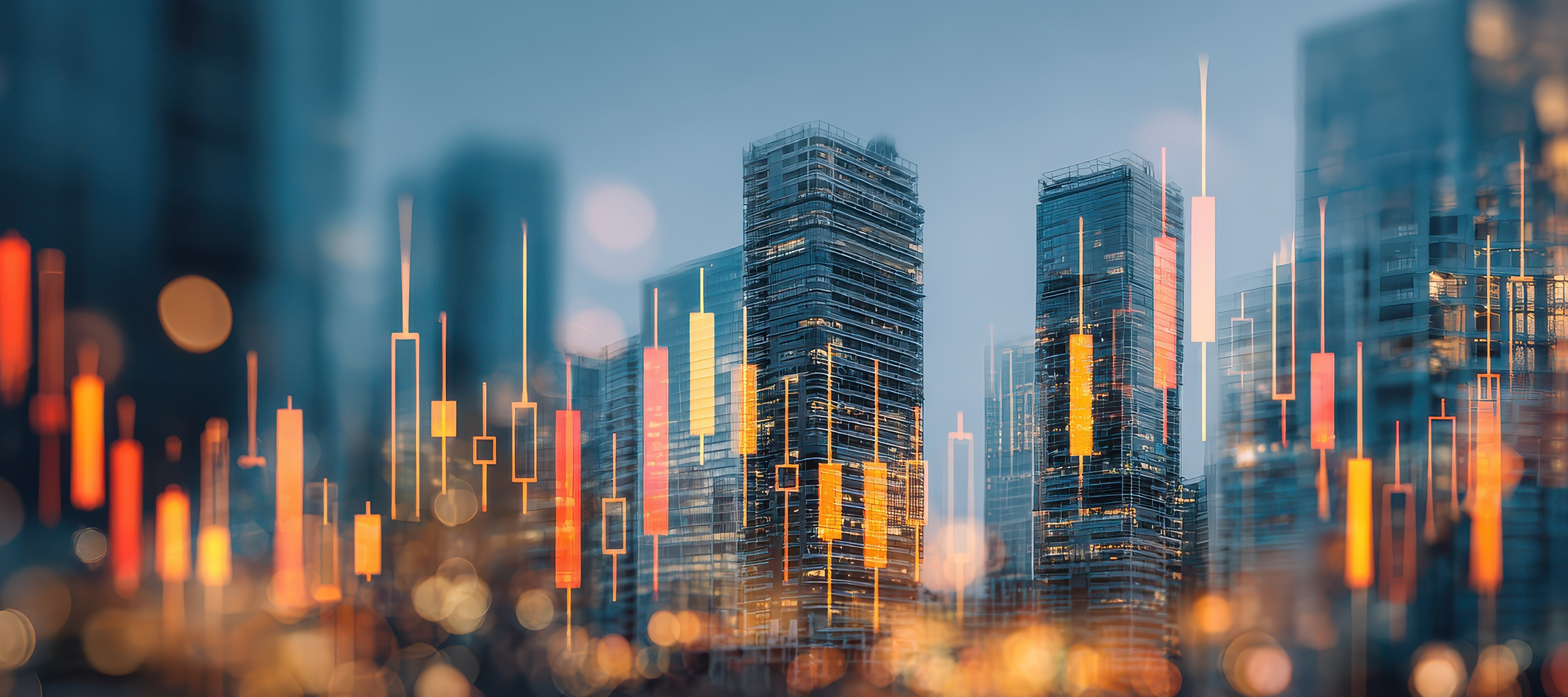 cityscape with yellow, red and orange graphics