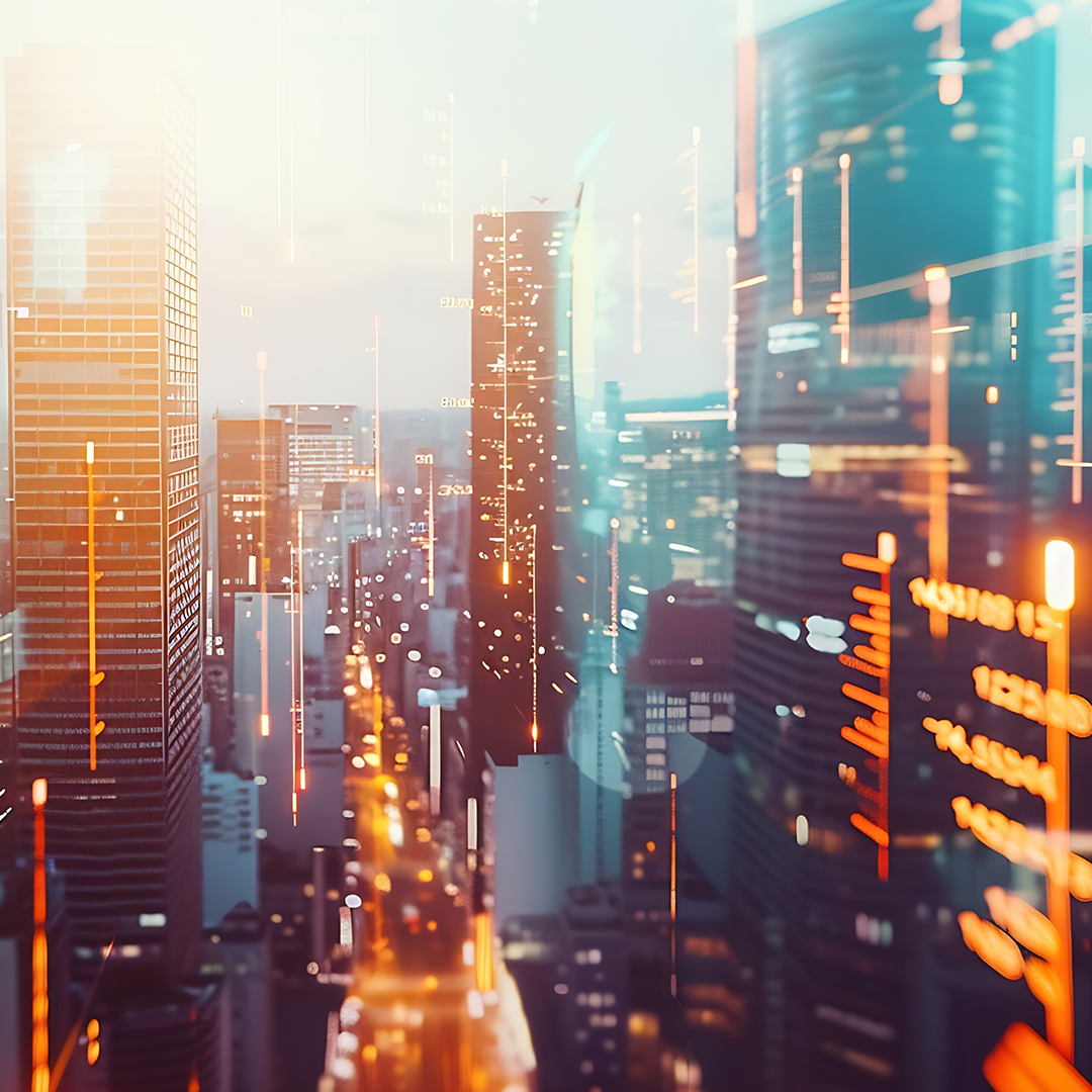 Modern city skyline with office buildings overlaid with digital data effects, representing commercial real estate technology and market analytics.