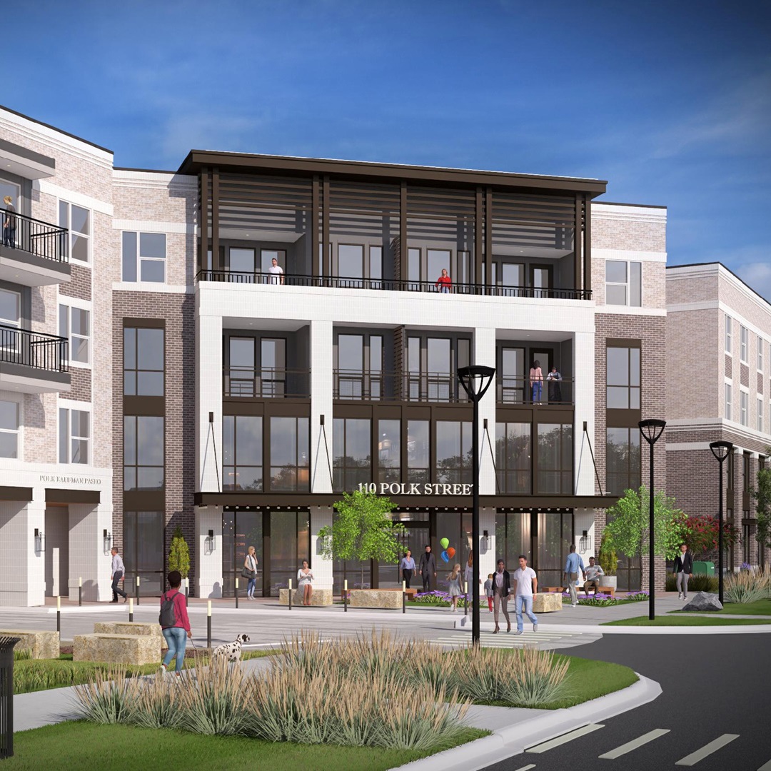 Rendering of High Street Residential’s 281‑unit multifamily community at 110 E. Polk Street in Downtown Richardson, Texas, breaking ground in partnership with Tokyu Land Corporation.