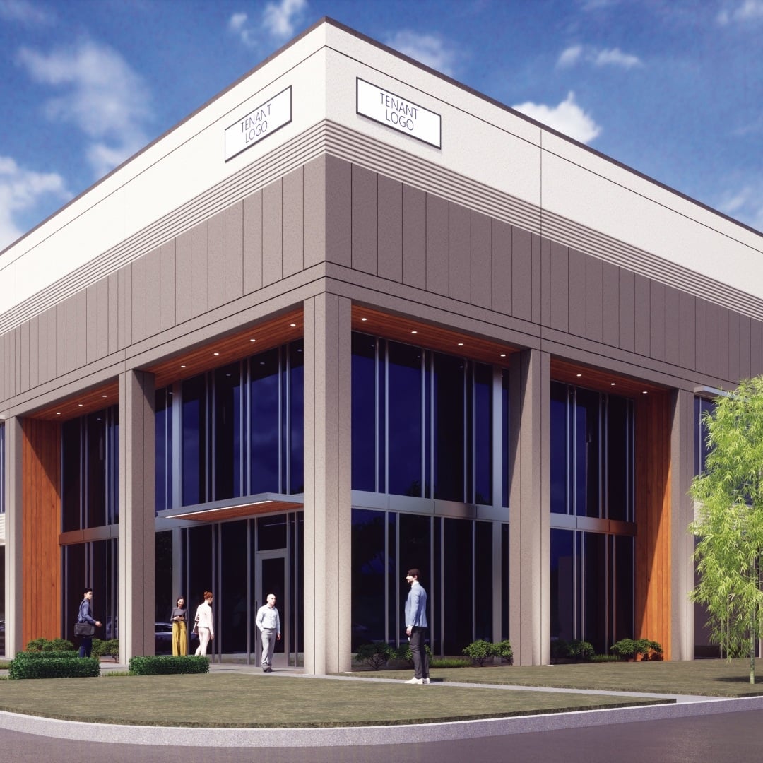 Architectural rendering of BRCC flex office building featuring a two-story glass curtainwall entry, wood-accent canopy, gray metal panel facade, and tenant signage.