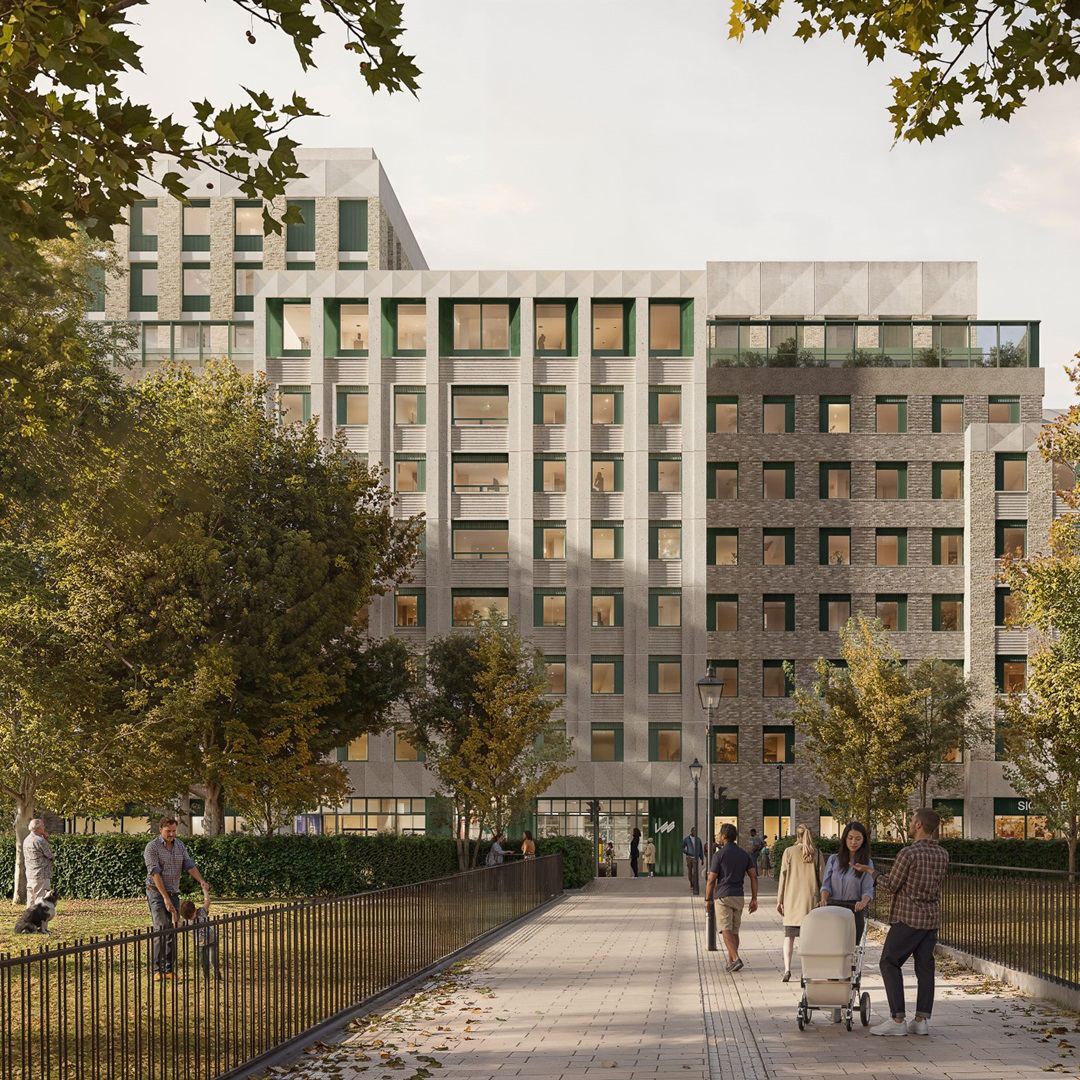 Computer-generated rendering of a modern urban residential building with pedestrians walking along a landscaped city pathway.