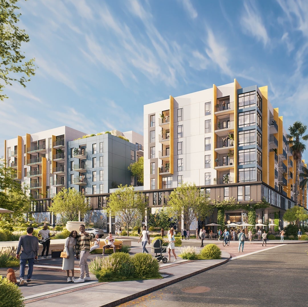 Rendering of a modern multifamily residential building with landscaped walkways, retail space, and people gathering in an active urban plaza.