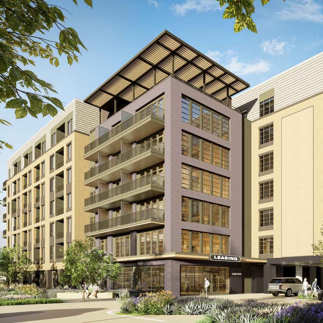 Modern mixed-use building at Mockingbird Station with balconies and leasing office at street level.