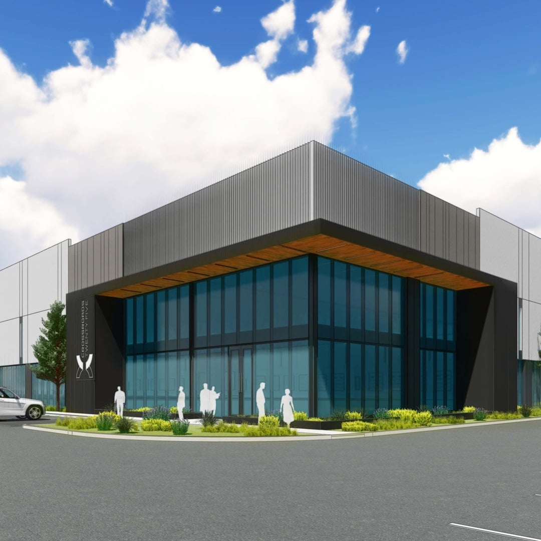 Architectural rendering of Crossroads Twenty Five, a Class A industrial flex building with two-story glass curtainwall entry, wood canopy, and dark metal panels.
