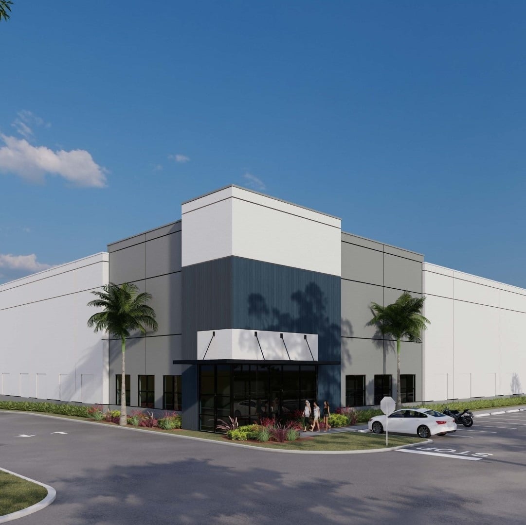Modern industrial warehouse and distribution center exterior rendering with parking, landscaped entry, and clean architectural design.