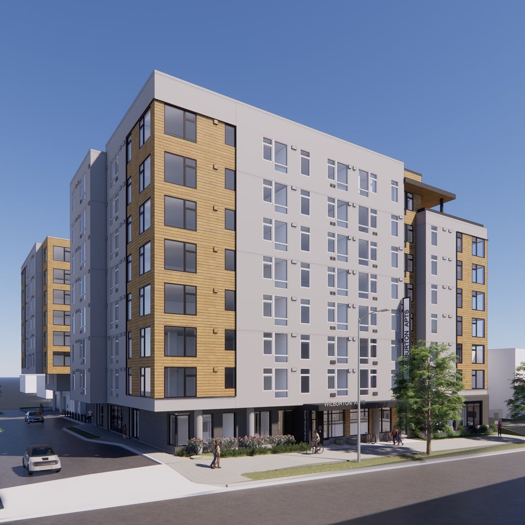 Rendering of an eight-story, 214‑unit transit-oriented multifamily community near the Wilburton Light Rail Station in Bellevue, Washington.