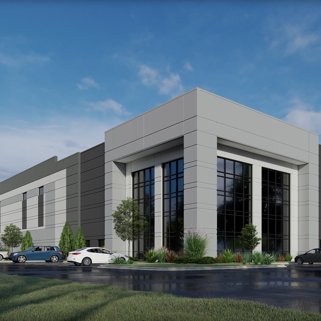 Architectural rendering of Plainfield Business Center, a modern industrial flex building with glass entry, tilt-up concrete facade, and landscaped parking lot.
