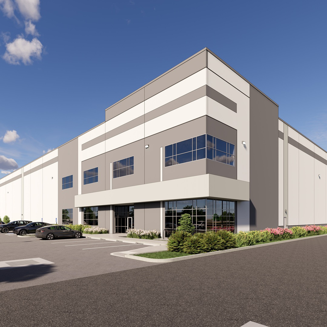 Exterior view of the East Building at Woodland Industrial Park in Woodland, Washington, fully leased by Consolidated Supply Co. and developed by Trammell Crow Company.