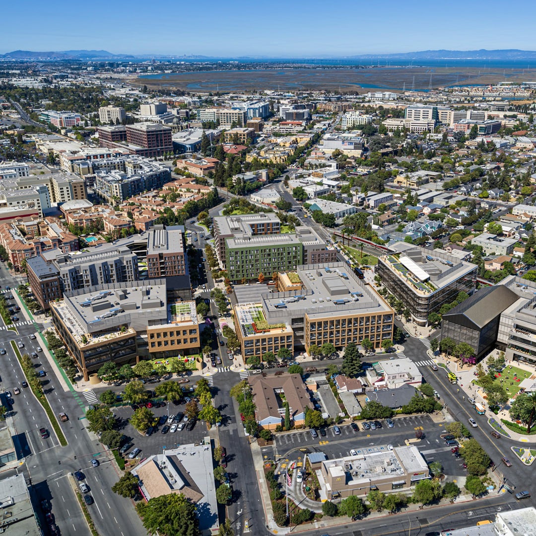 Aerial view of ELCO Yards mixed-use district, Redwood City, California