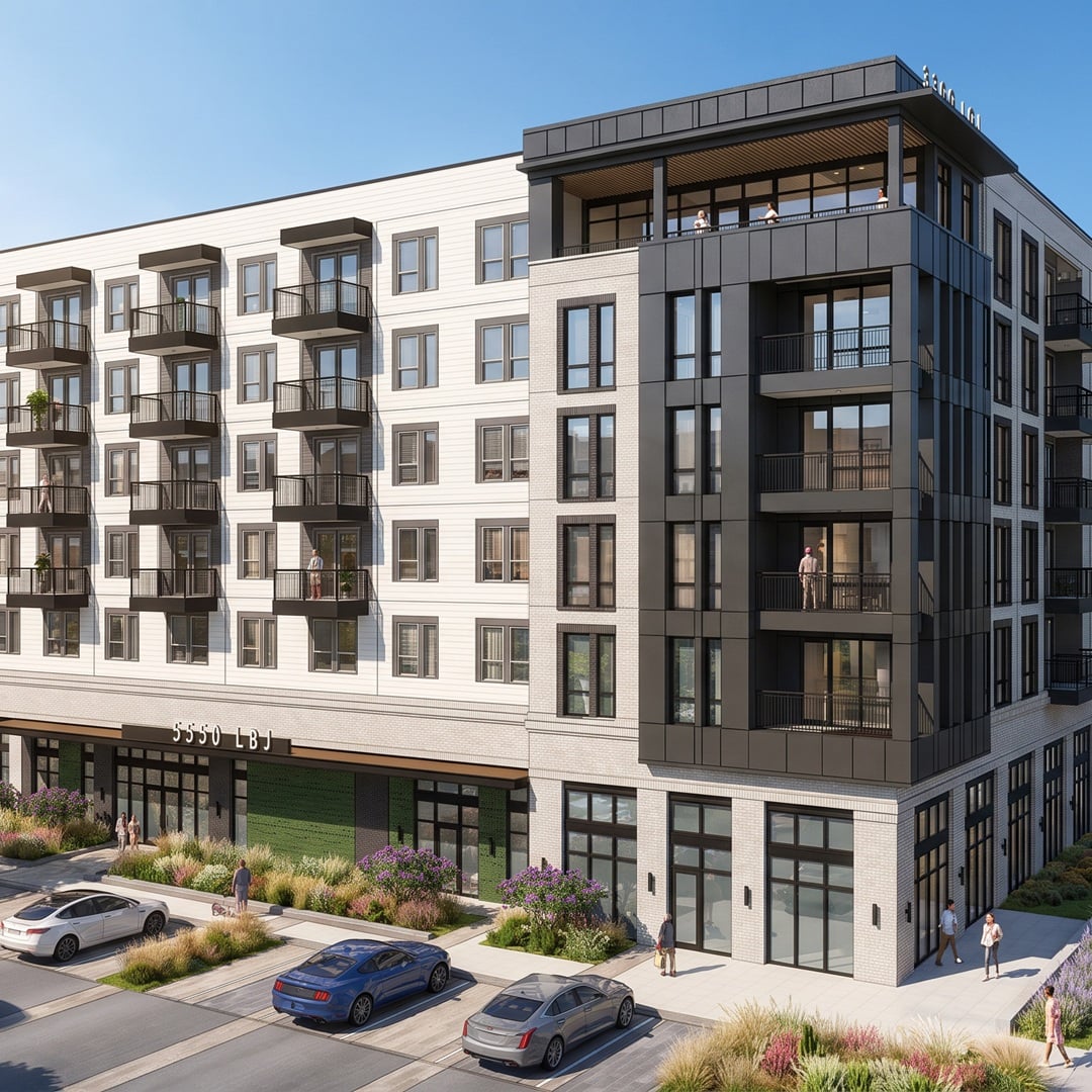 Rendering of 5550 LBJ, a six-story mixed-use building with white siding, brick, dark metal paneling, balconies, and ground-floor retail.