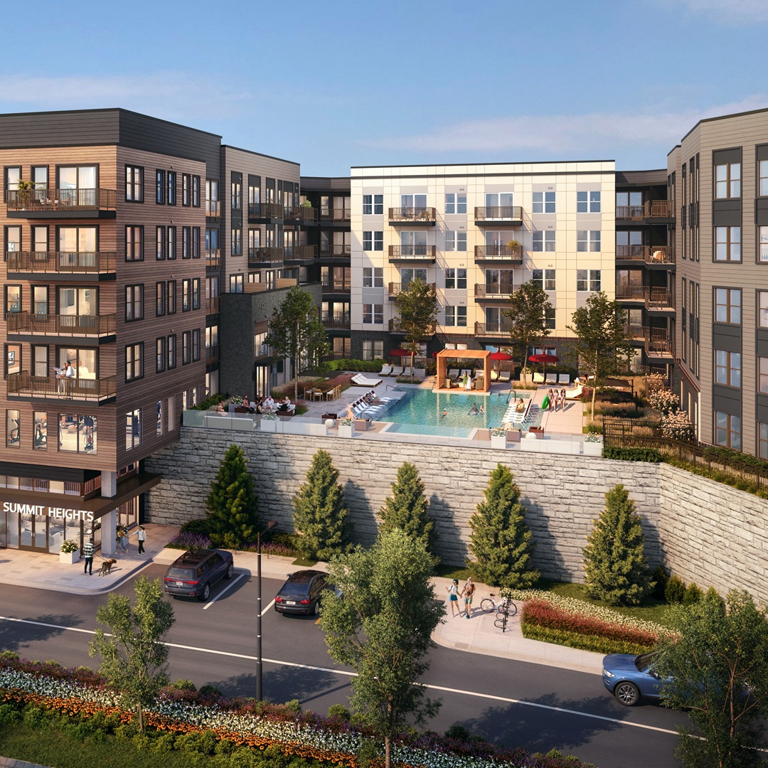 Architectural rendering of Summit Heights luxury apartment community featuring a five-story U-shaped building with elevated resort-style pool deck and amenities.