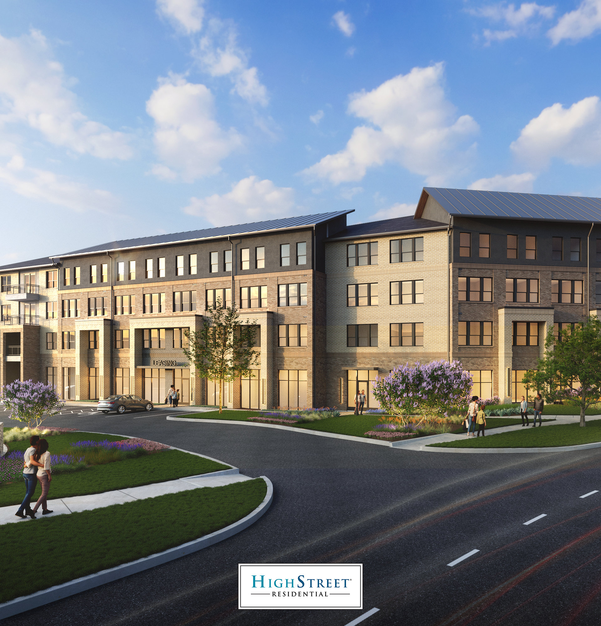 Avina at the Grove apartment community exterior featuring modern brick architecture, landscaped walkways, and a ground-floor leasing office by HighStreet Residential