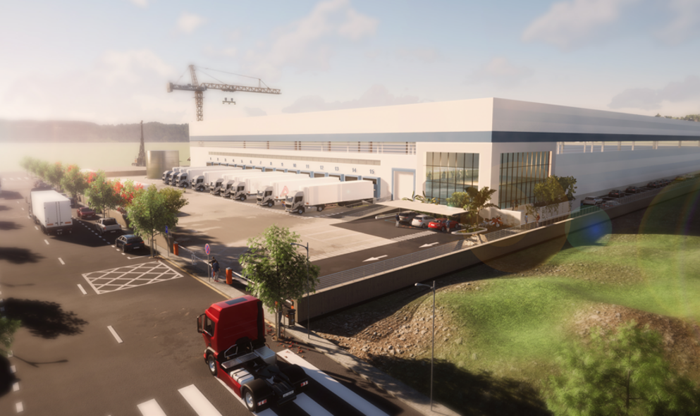 Architectural rendering of Llica distribution warehouse showing multiple loading docks with delivery trucks, security gate entry, and construction crane backdrop.