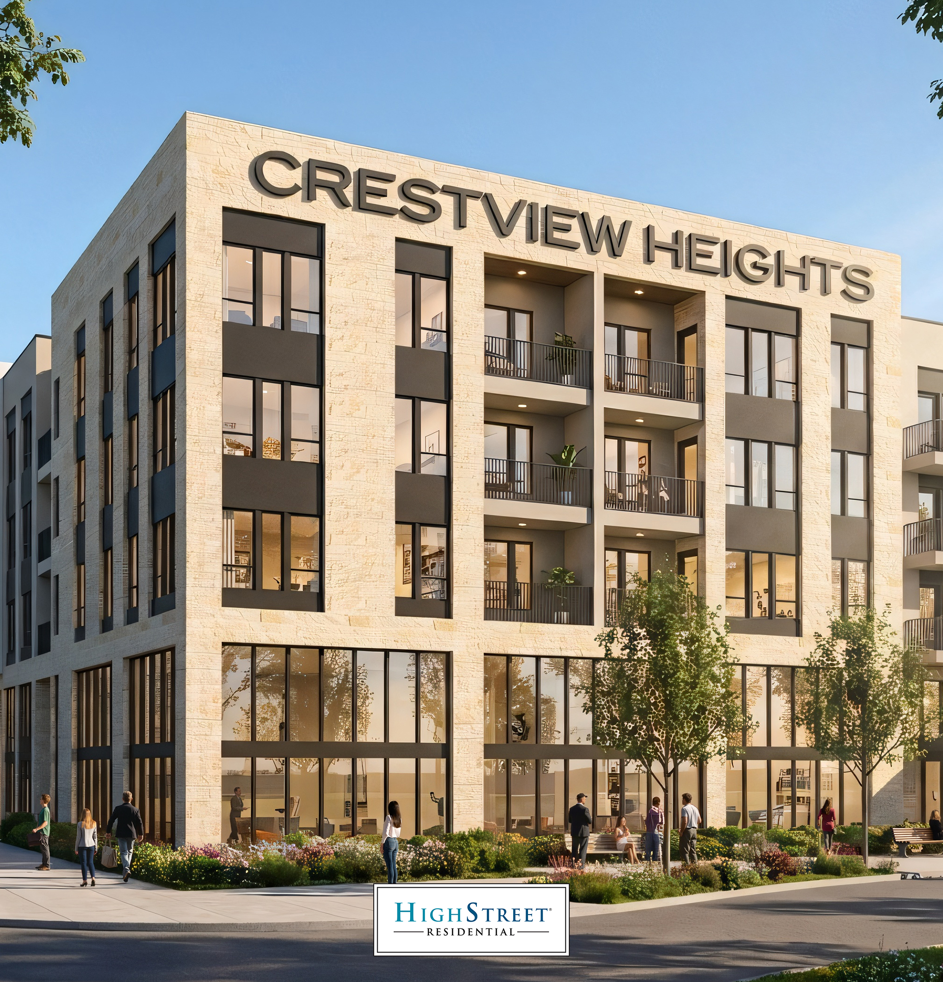 Crestview Heights luxury apartment building exterior with limestone facade, private balconies, floor-to-ceiling windows, and landscaped streetscape by HighStreet Residential
