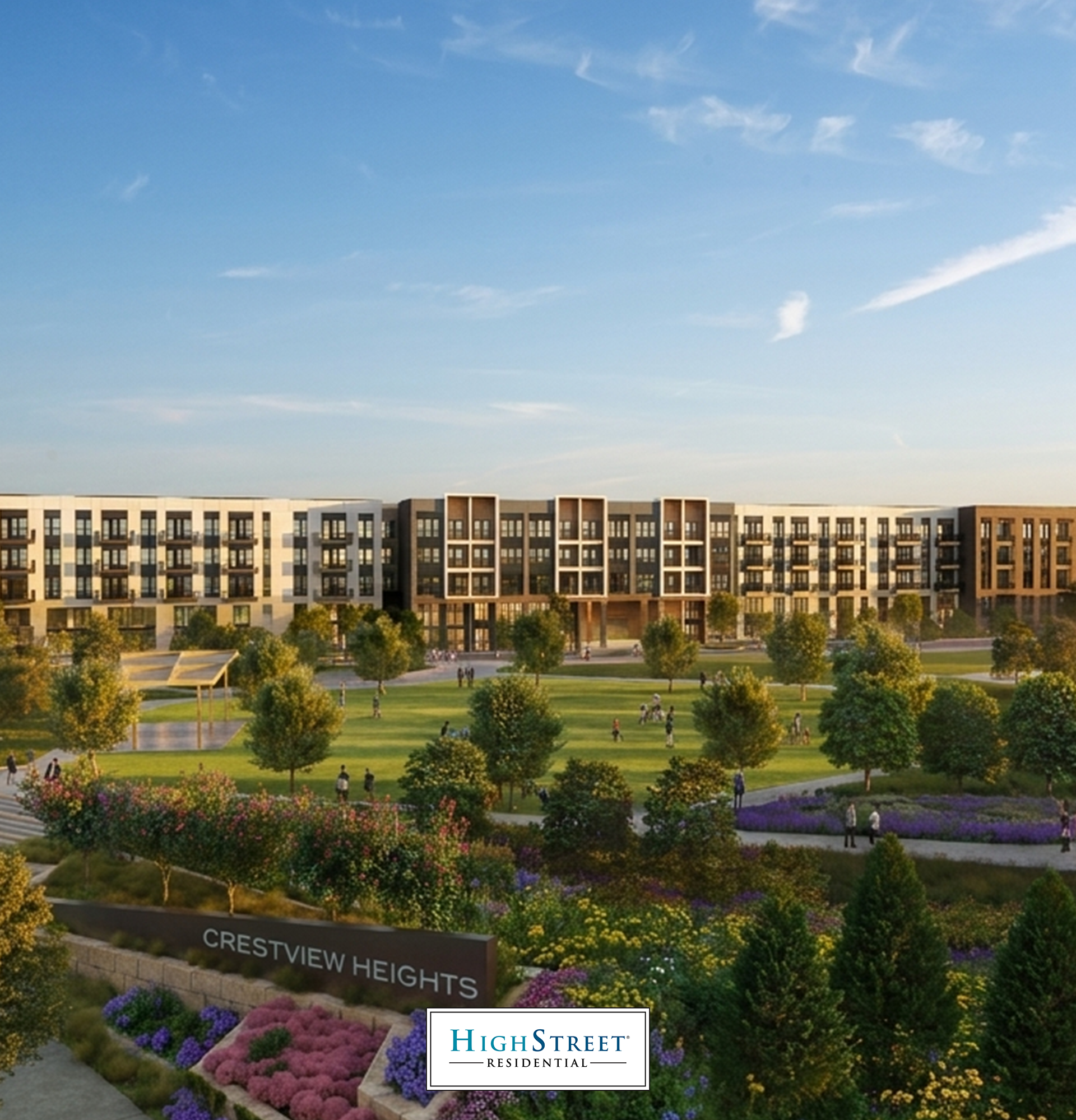 Aerial view of Crestview Townhomes community featuring a lush central park, tree-lined walkways, colorful gardens, and a modern multi-story residential building by HighStreet Residential