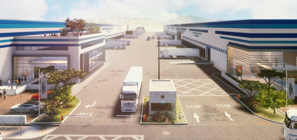 Architectural rendering of Illesas industrial logistics park showing multi-building warehouse campus with central truck court, loading docks, and security gate.
