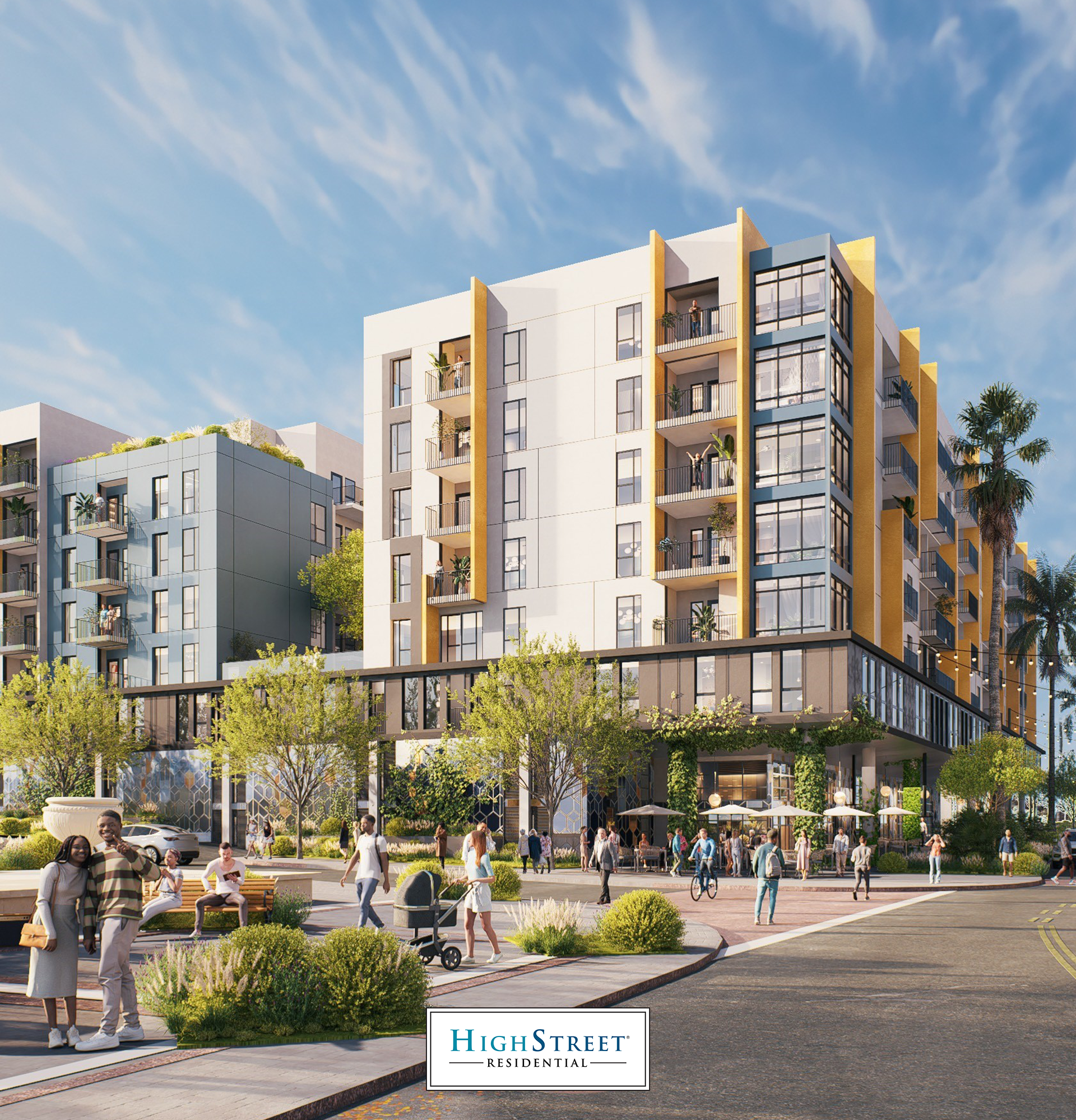Jules San Pedro luxury apartment community exterior featuring bold yellow and white facade, private balconies, ground-floor retail, and a vibrant pedestrian plaza with palm trees by HighStreet Residential