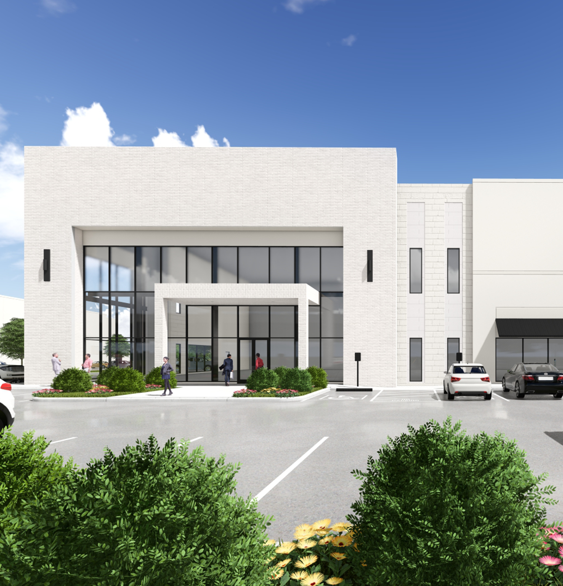 Lake Vista Technology Center exterior entrance featuring modern white brick facade, floor-to-ceiling glass storefront, and landscaped parking lot