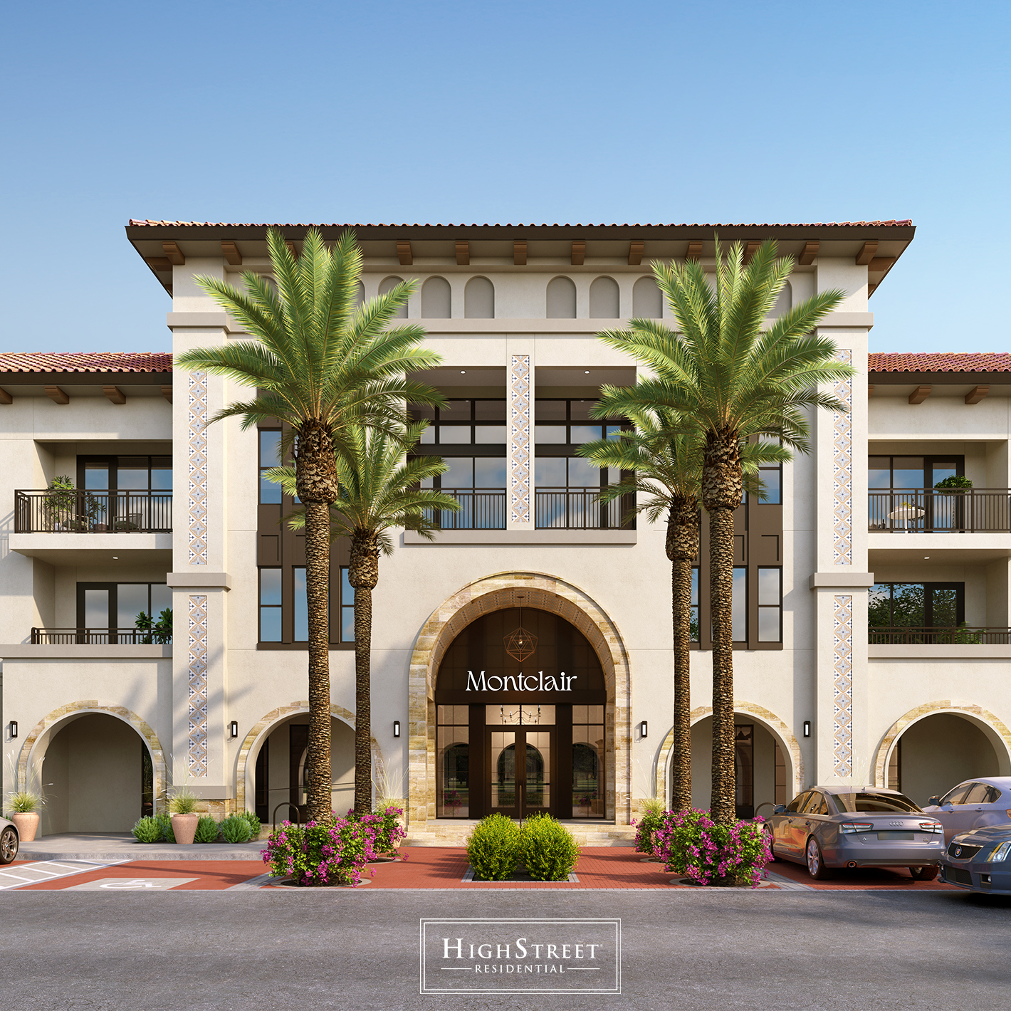 Exterior rendering of Montclair multifamily apartments with palm trees, balconies, landscaped entrance and Mediterranean-style architecture.