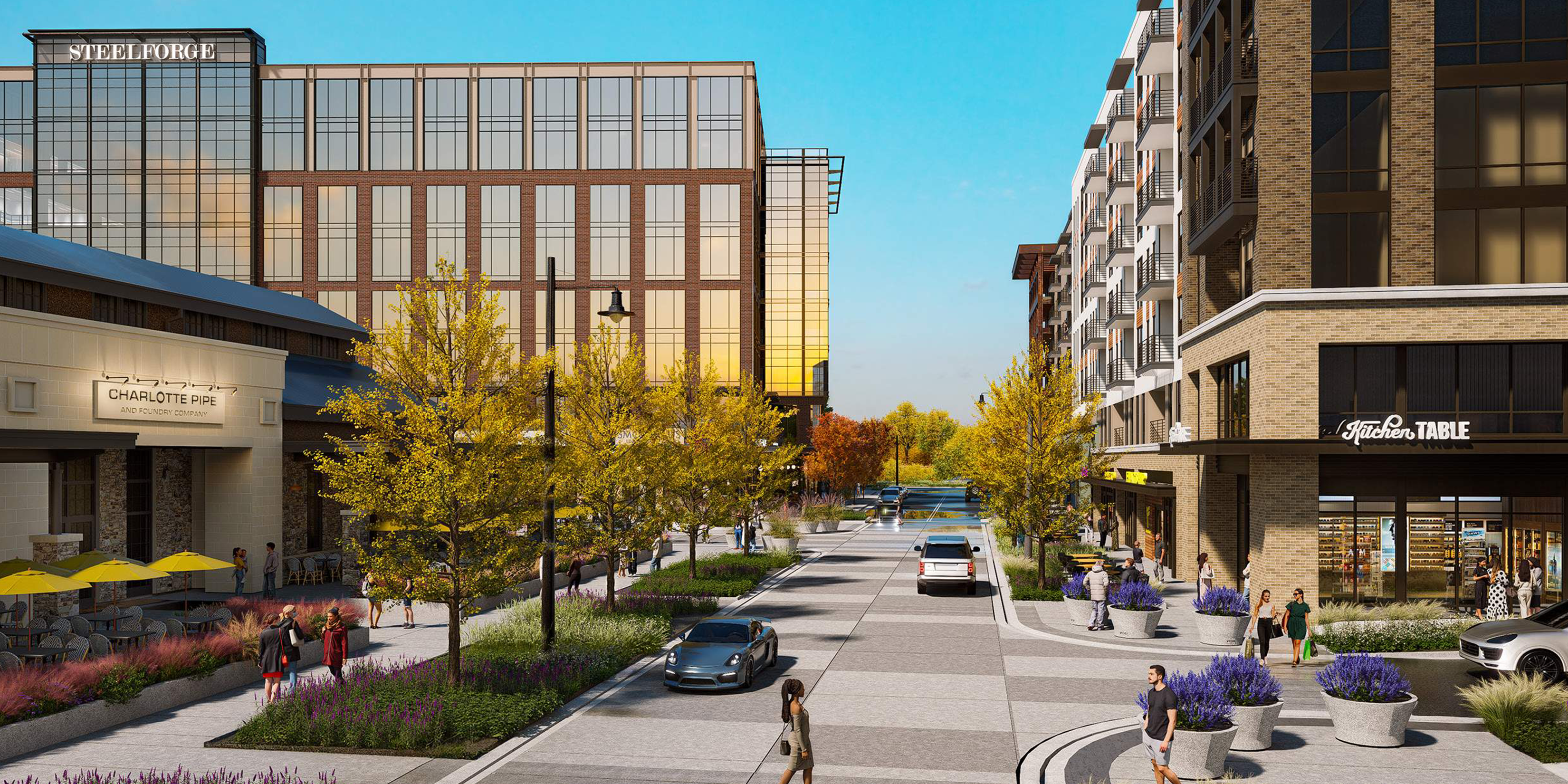 Rendering of Iron District showing a walkable urban street lined with office, residential, and ground-floor retail buildings.