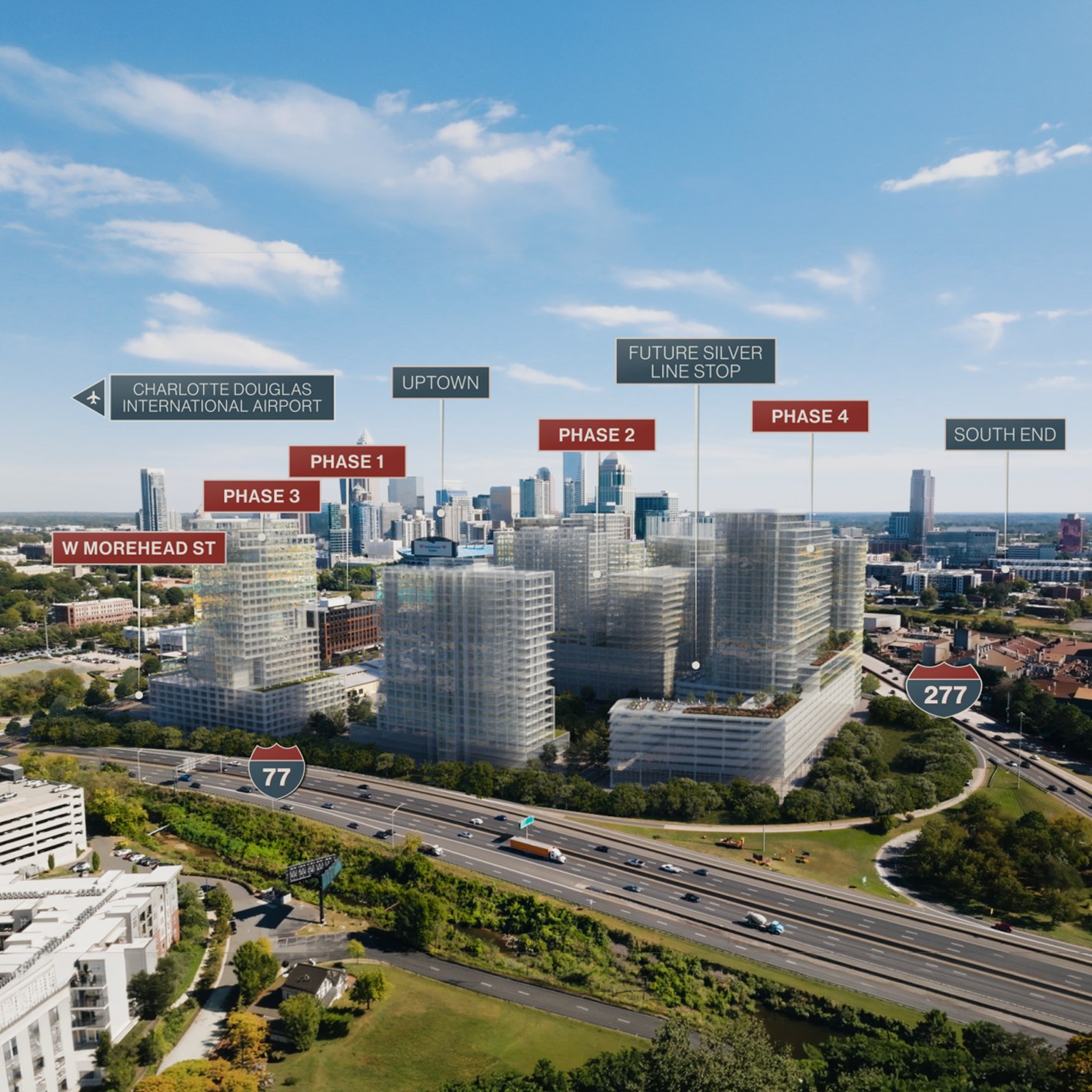 Aerial rendering of Iron District master plan showing phased mixed-use development, transit access, I‑77, and proximity to Uptown.