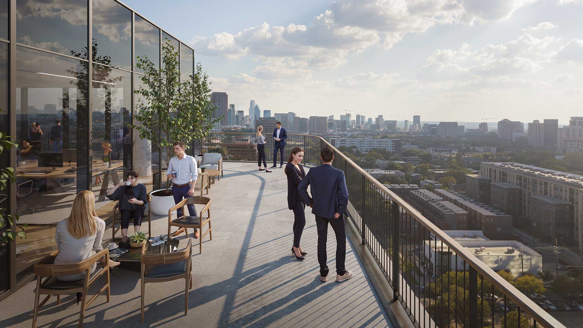 Outdoor rooftop terrace with modern seating, city skyline views, and people networking at a contemporary mixed‑use residential or office building.