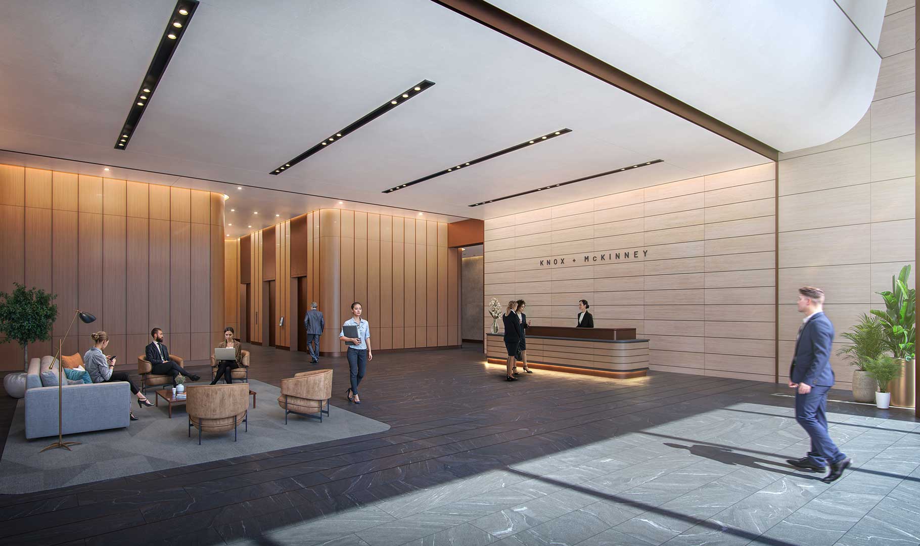 Modern office lobby at Knox & McKinney with concierge desk, contemporary seating, wood panel interiors, and professionals gathering in a luxury commercial space.