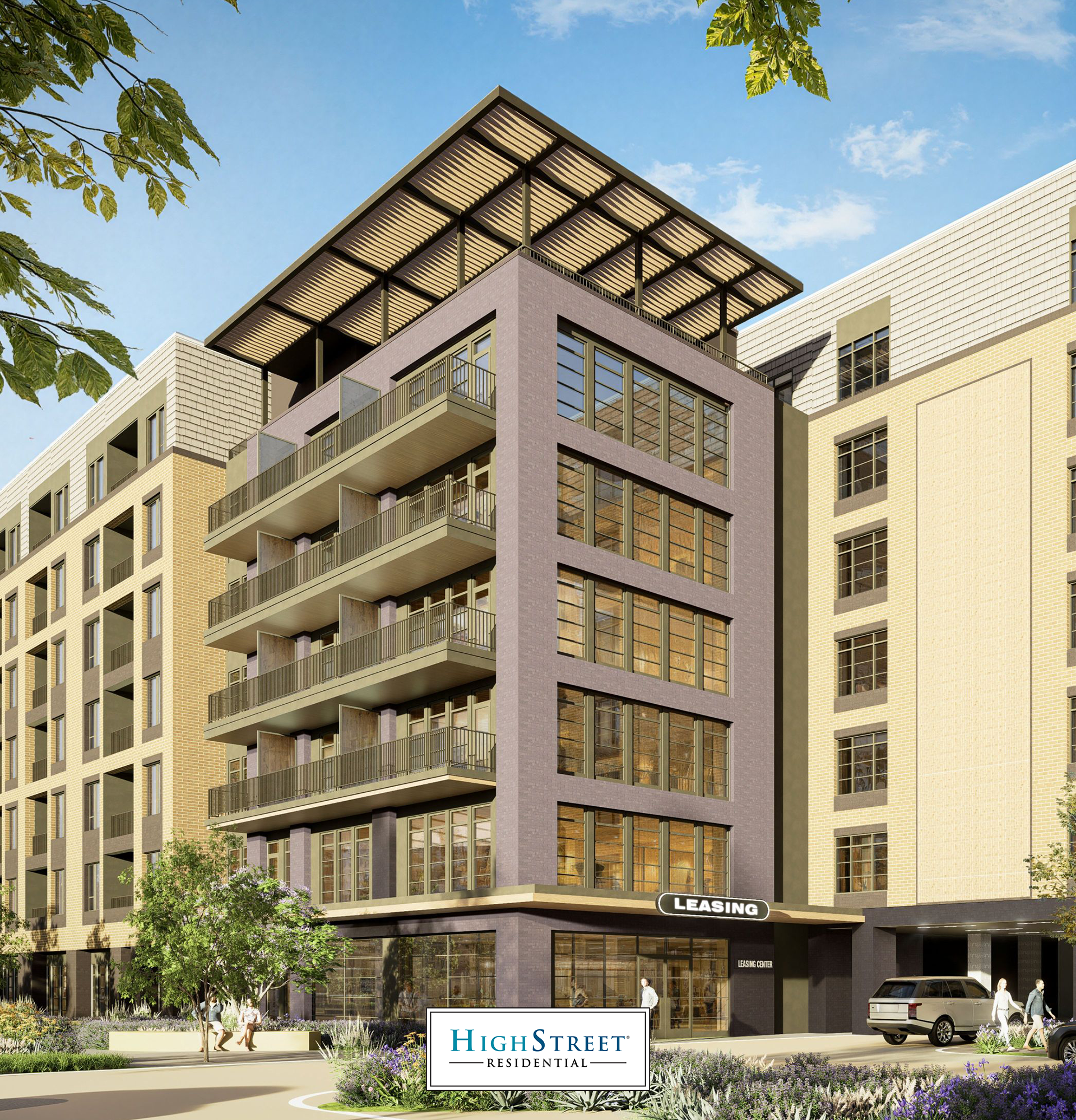 Exterior rendering of a modern multifamily apartment building at Mockingbird Station developed by HighStreet Residential
