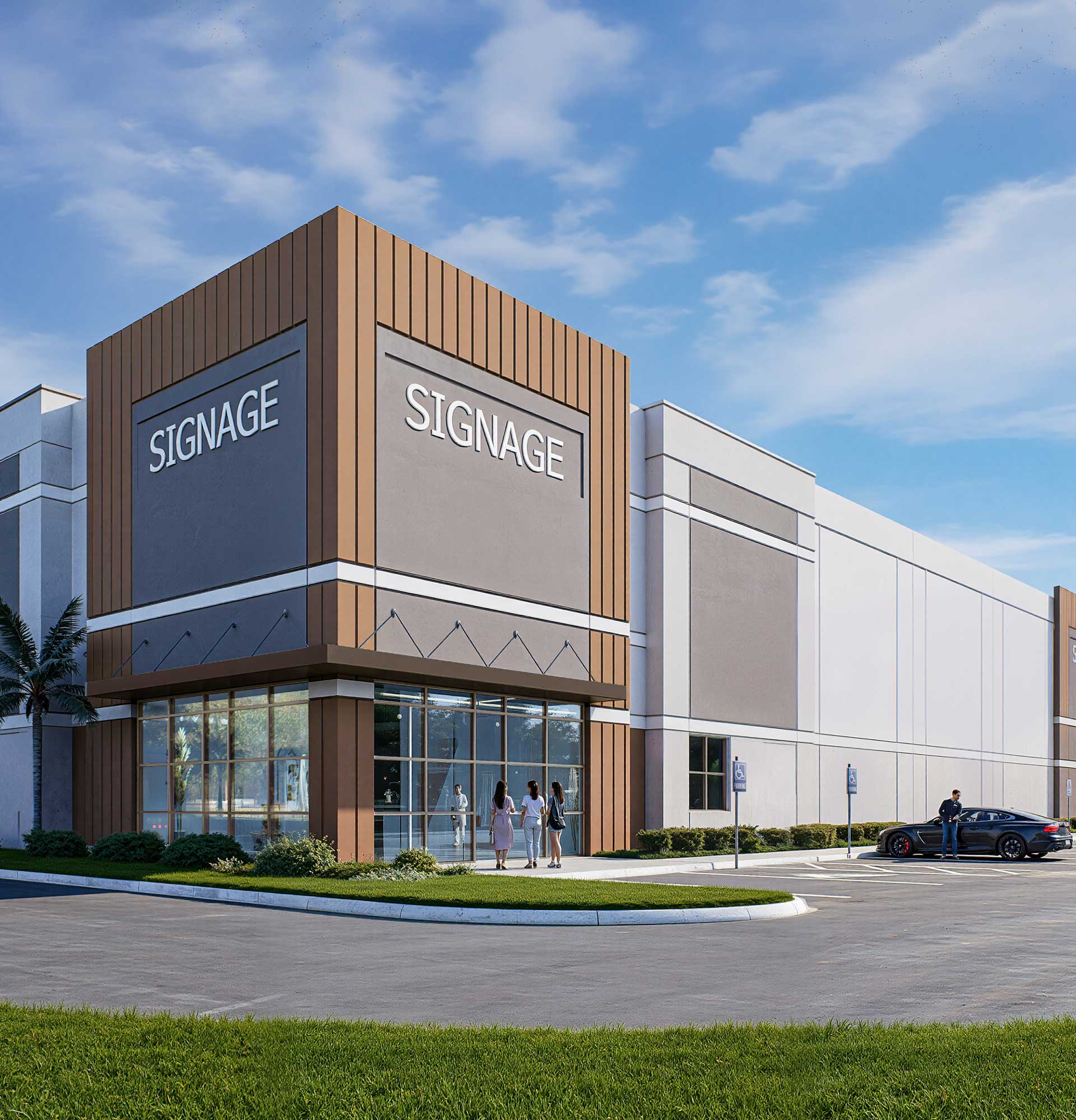 Modern commercial building with large glass entrance, corner signage, people walking outside, and parked cars under a blue sky.