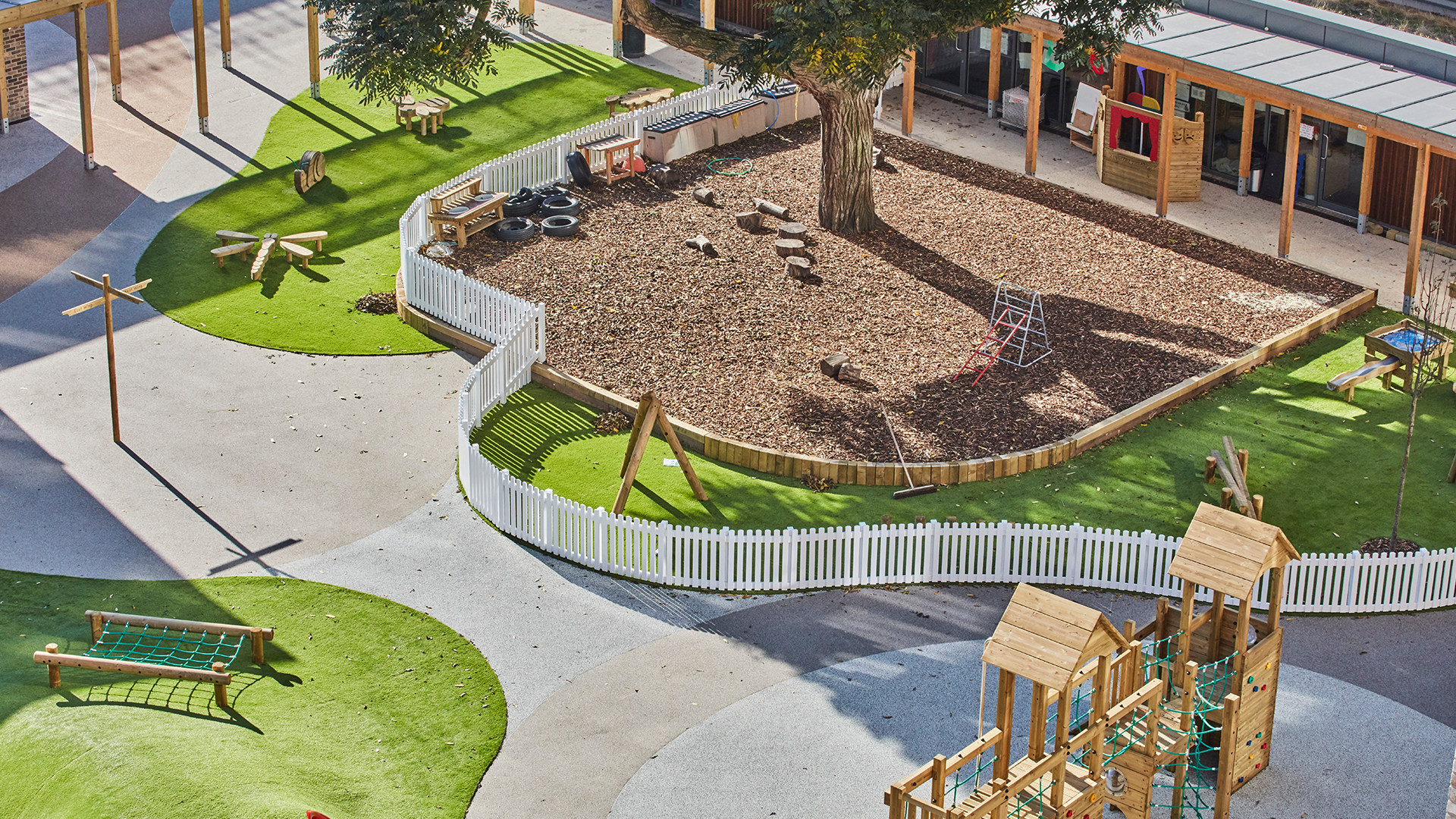 Aerial of playground and dog park area