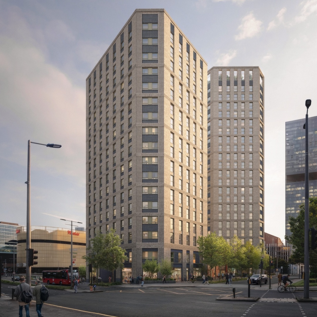 Rendering of a Montfichet Road multifamily development with two high-rise residential towers, ground-floor retail and landscaped streetscape.
