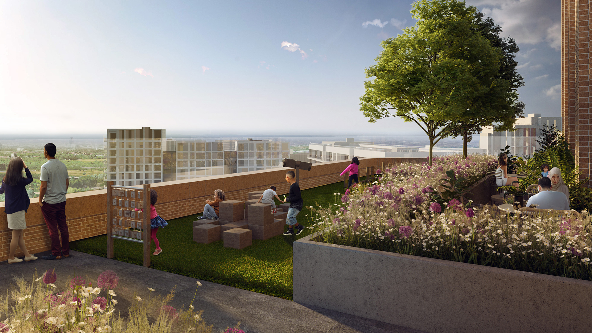Exterior rendering of children playing on International Way balcony.