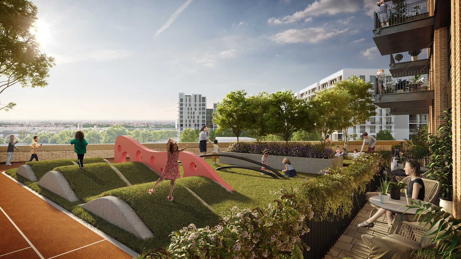 Exterior rendering of children playing on International Way balcony.