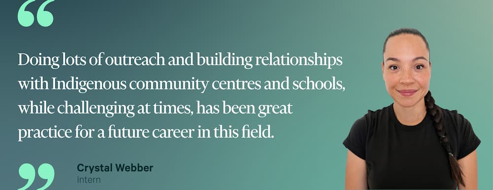 "Doing lots of outreach and building relationships with Indigenous community centres and schools, while challenging at times, has been great practice for a future career in this field." — Crystal Webber, Intern