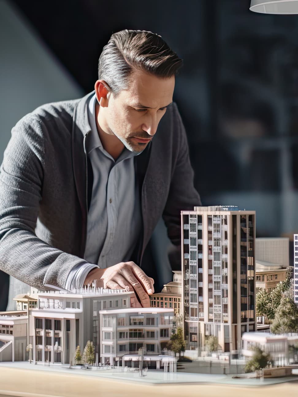 Man examining an architectural scale model of an urban development.