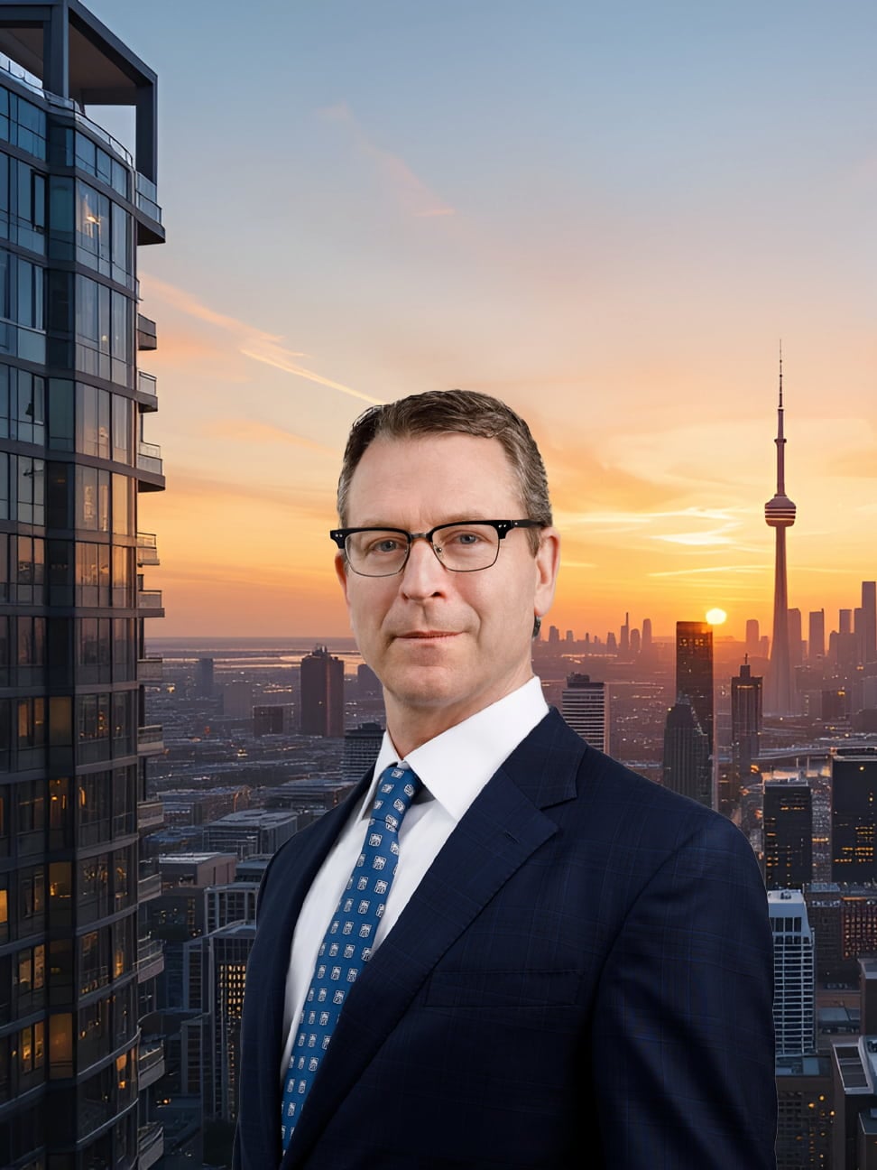 Peter Senst, in a navy suit standing before the Toronto skyline at sunset, with the CN Tower visible in the background.