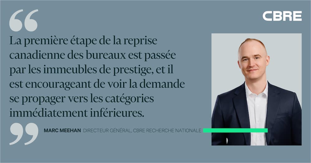 "La première étape de la reprise canadienne des bureaux est passée par les immeubles de prestige, et il est encourageant de voir la demande se propager vers les catégories immédiatement inférieures." - Marc Meehan