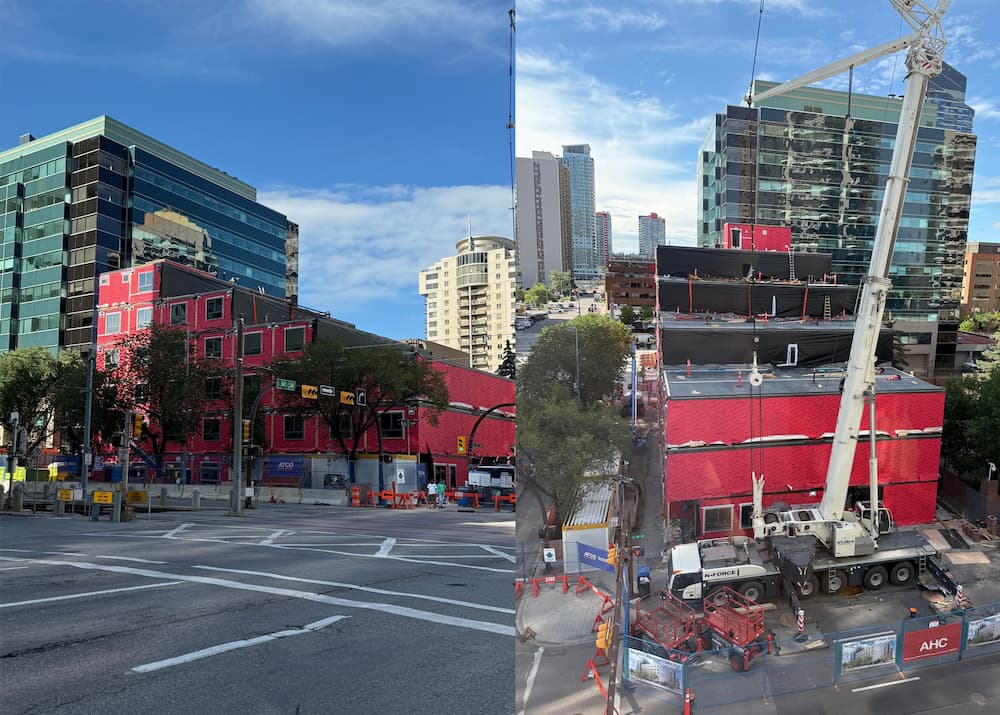 Modular housing construction at 1007 6 Avenue SW, Calgary, AB.